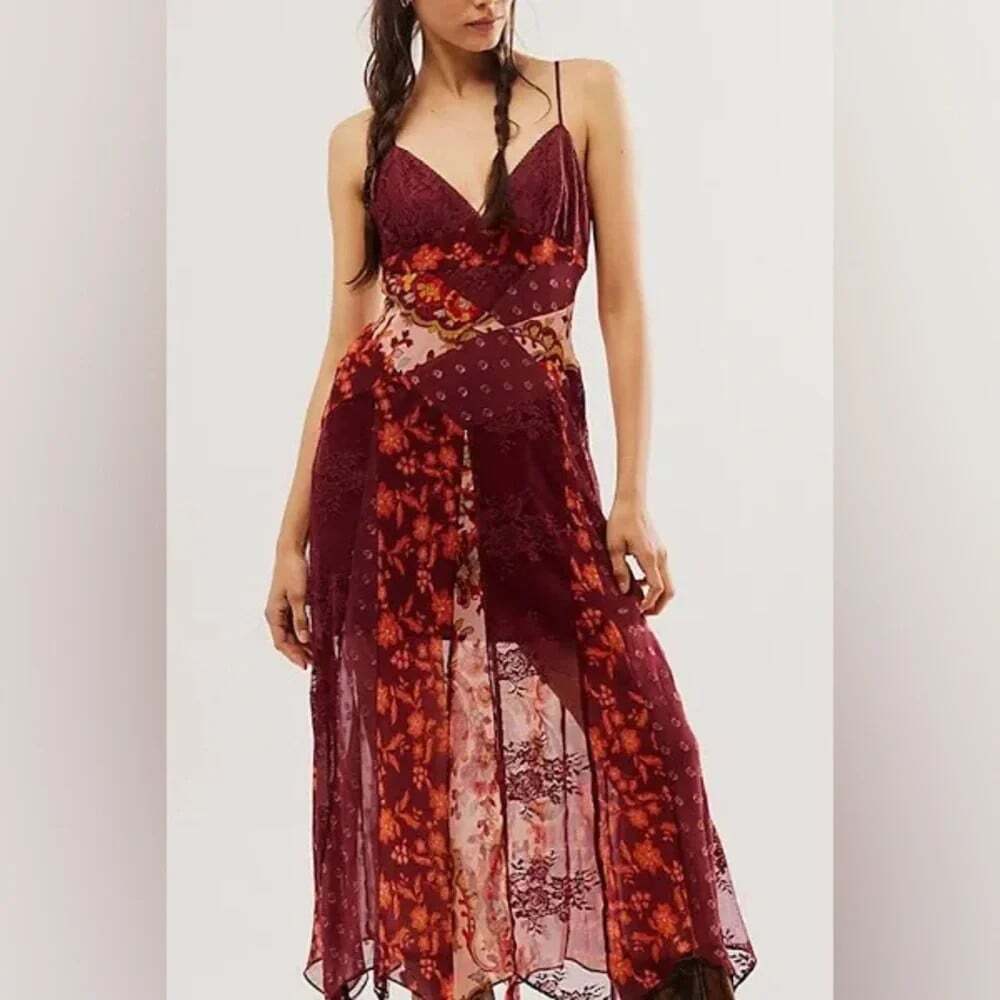 Free People Evangeline Midi Dress Womens XS Burgundy Patchwork Lace Sheer Slip